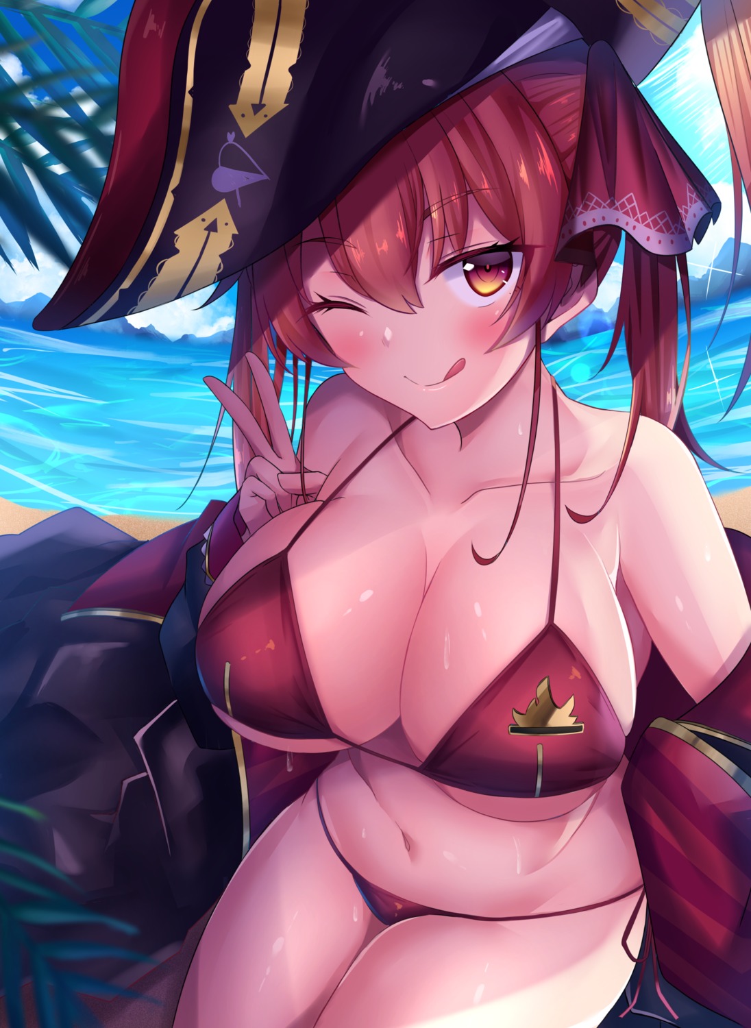 bikini breast_hold hololive houshou_marine open_shirt pirate shiki_(catbox230123) swimsuits wet