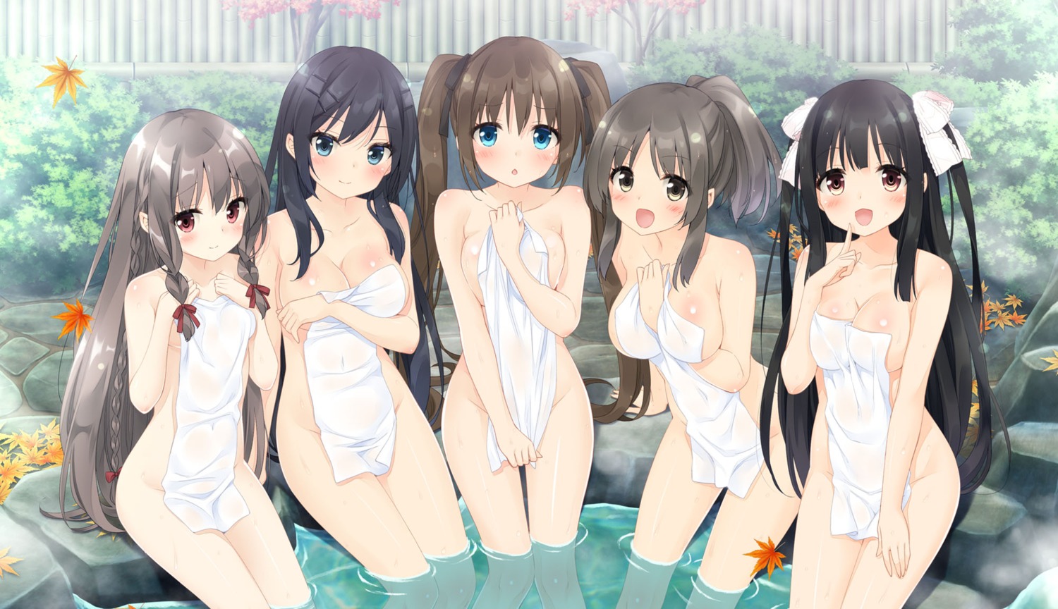 bathing breast_hold cleavage jpeg_artifacts kani_biimu koi_to_koisuru_utopia lovematic maibara_yukina morinaga_rika_(koi_to_koisuru_utopia) naked nishihara_kaho onsen takasugi_nanao towel wet yashiki_moegi