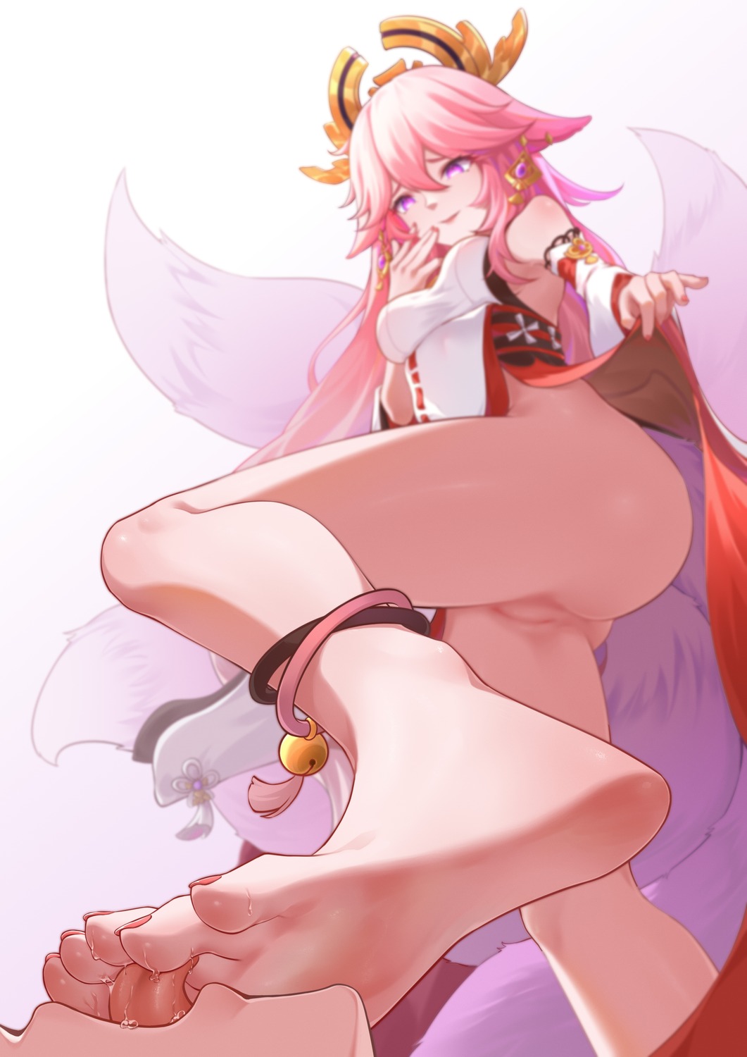 animal_ears censored chan_sang feet genshin_impact japanese_clothes kitsune no_bra nopan pussy skirt_lift tail yae_miko