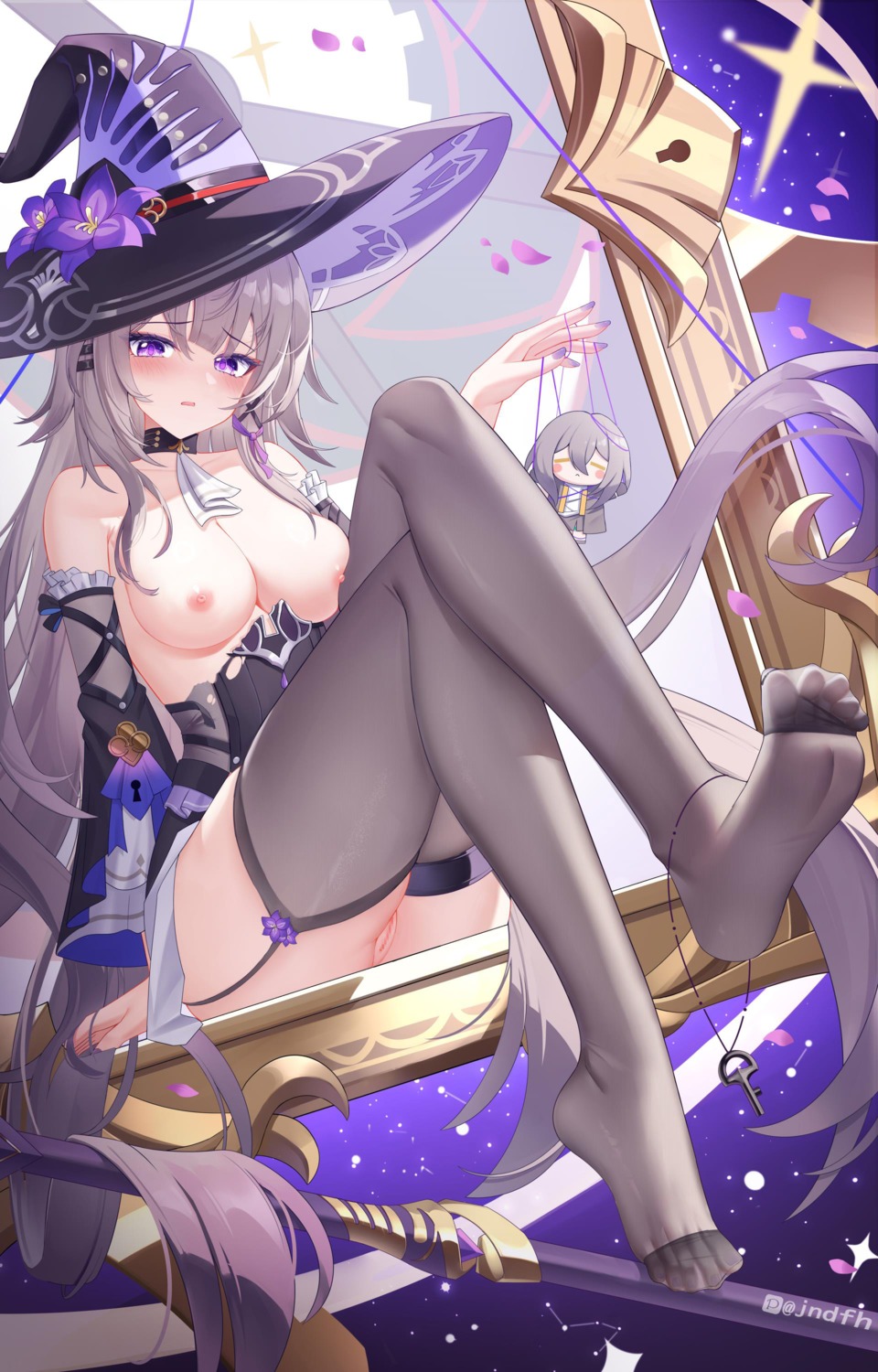 breasts censored chibi feet garter herta honkai:_star_rail jndfh nipples no_bra nopan pussy skirt_lift stelle stockings sword thighhighs witch