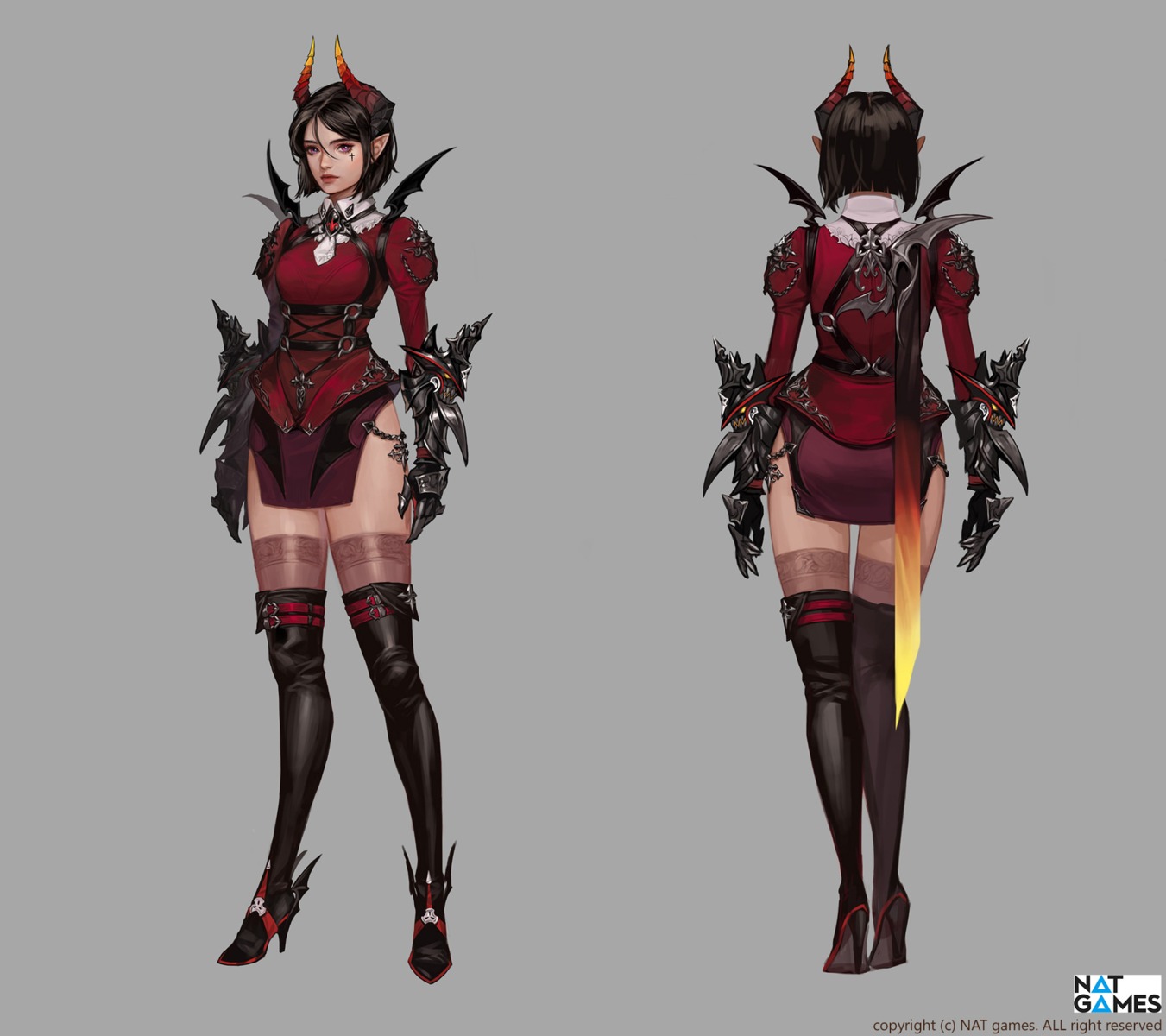 armor bom_yeon character_design heels horns pointy_ears tattoo thighhighs