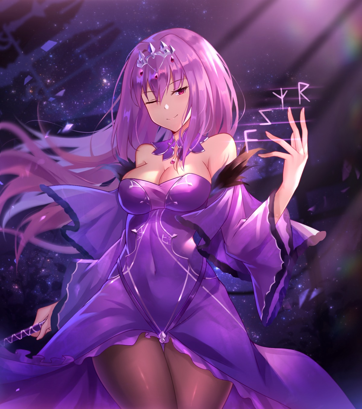 black_fire cleavage dress fate/grand_order pantyhose scathach_skadi weapon