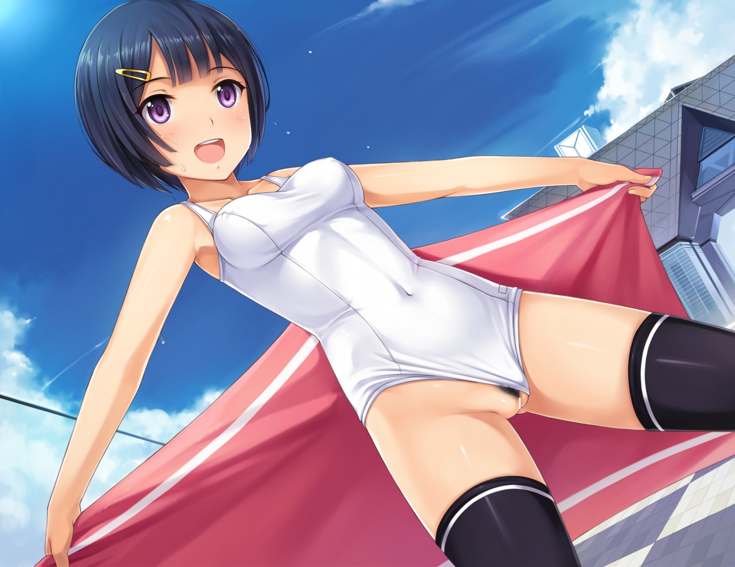 censored erect_nipples pubic_hair school_swimsuit swimsuits thighhighs towel wardrobe_malfunction yokaze_japan