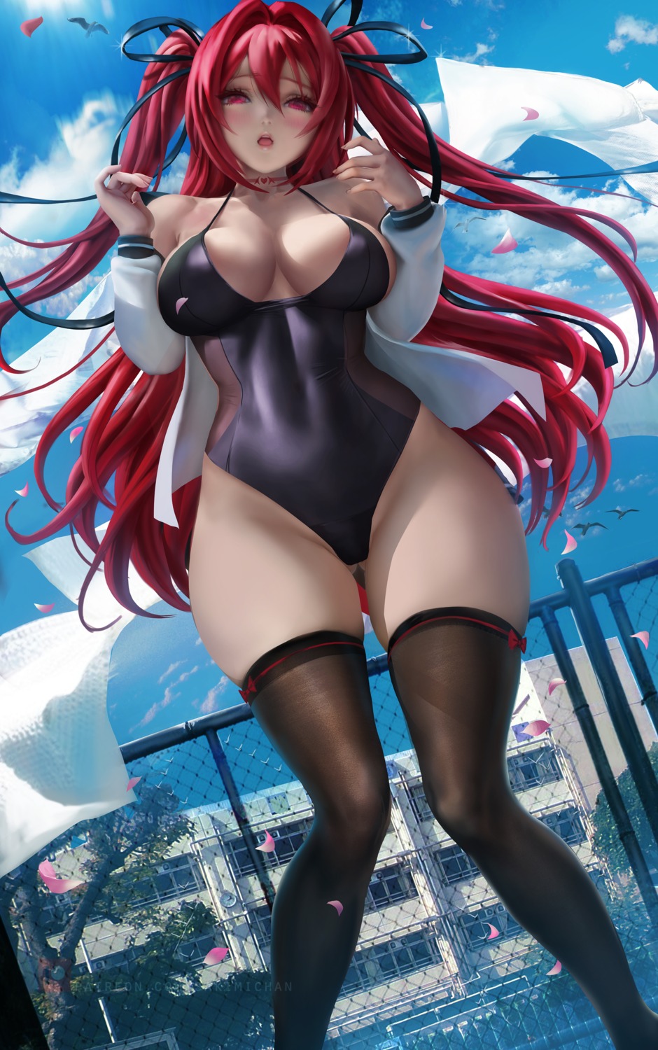 cleavage naruse_mio sakimichan seifuku shinmai_maou_no_testament swimsuits tattoo thighhighs