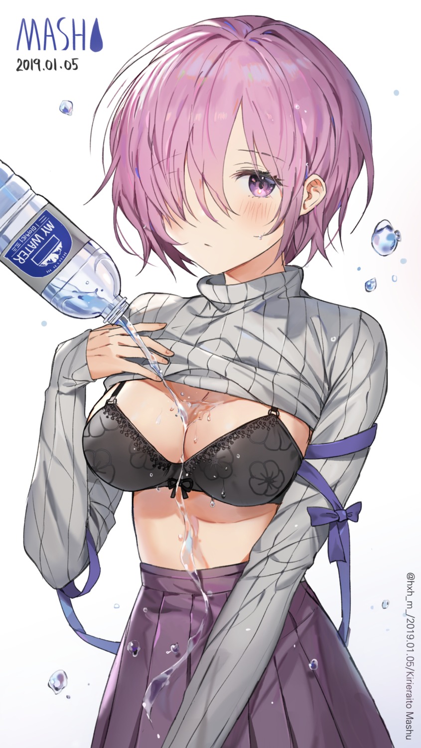 bra cleavage fate/grand_order gompang mash_kyrielight shirt_lift sweater wet