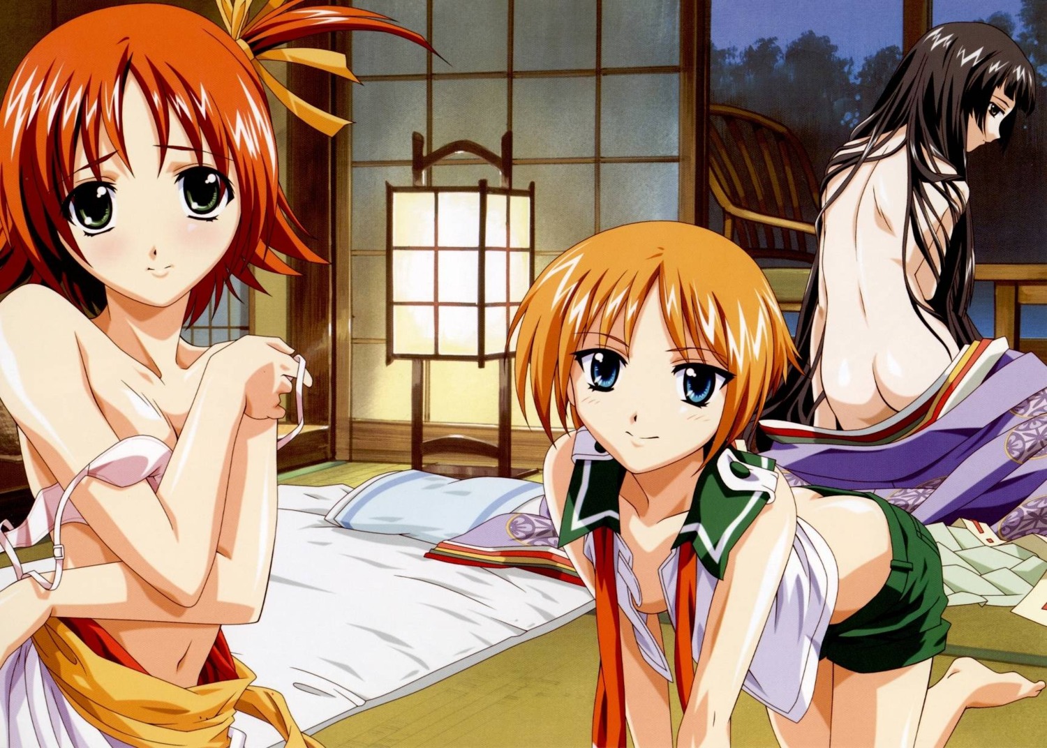 bra katou_asa kuroda_rinzu naked no_bra open_shirt raimuiro_senkitan sanada_momen undressing