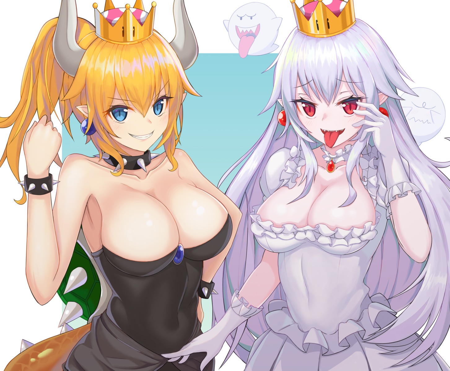 bowsette cleavage dress horns king_boo new_super_mario_bros._u_deluxe no_bra pipipipyu pointy_ears princess_king_boo tail