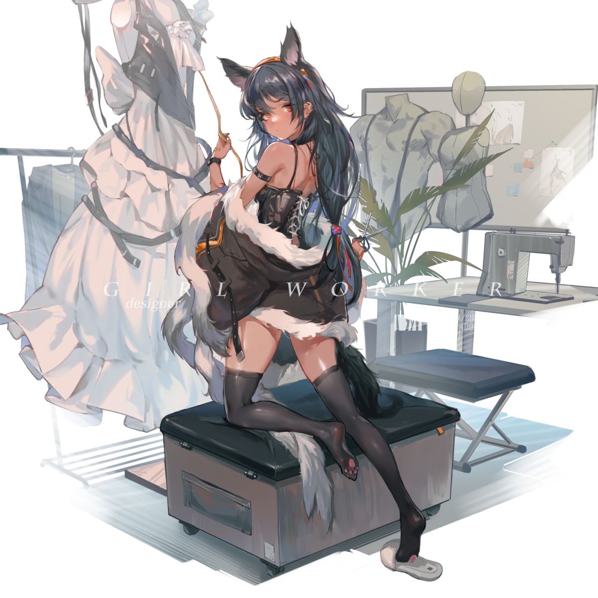 animal_ears bandaid corset dm_(dai_miao) feet tail thighhighs