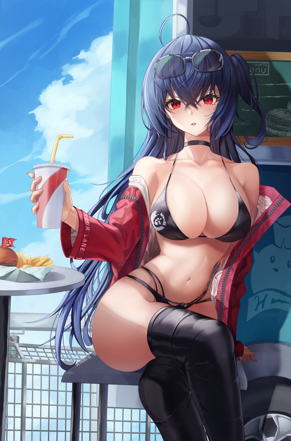 azur_lane bikini megane open_shirt slime_nyang swimsuits taihou_(azur_lane) thighhighs