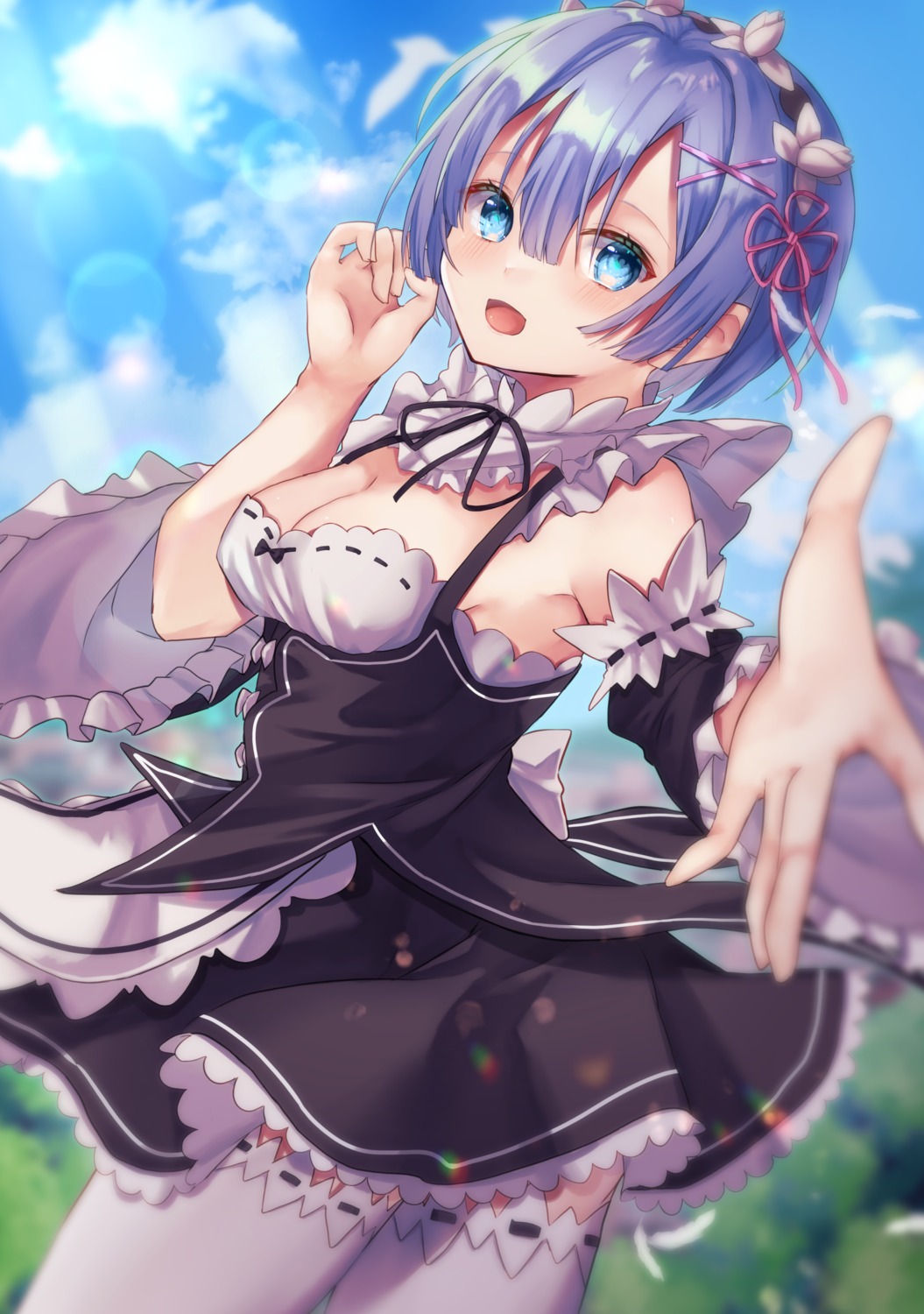 cleavage floral_nattou maid re_zero_kara_hajimeru_isekai_seikatsu rem_(re_zero) skirt_lift thighhighs