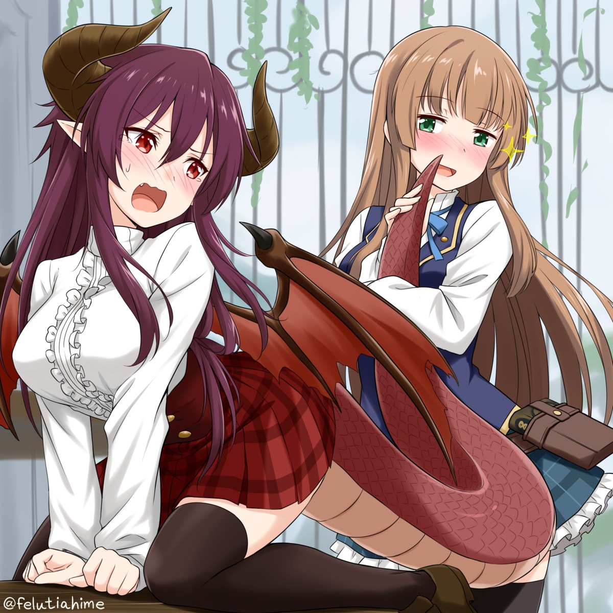 anne_(shingeki_no_bahamut) felutiahime grea horns manaria_friends pointy_ears shingeki_no_bahamut skirt_lift tail thighhighs wings yuri