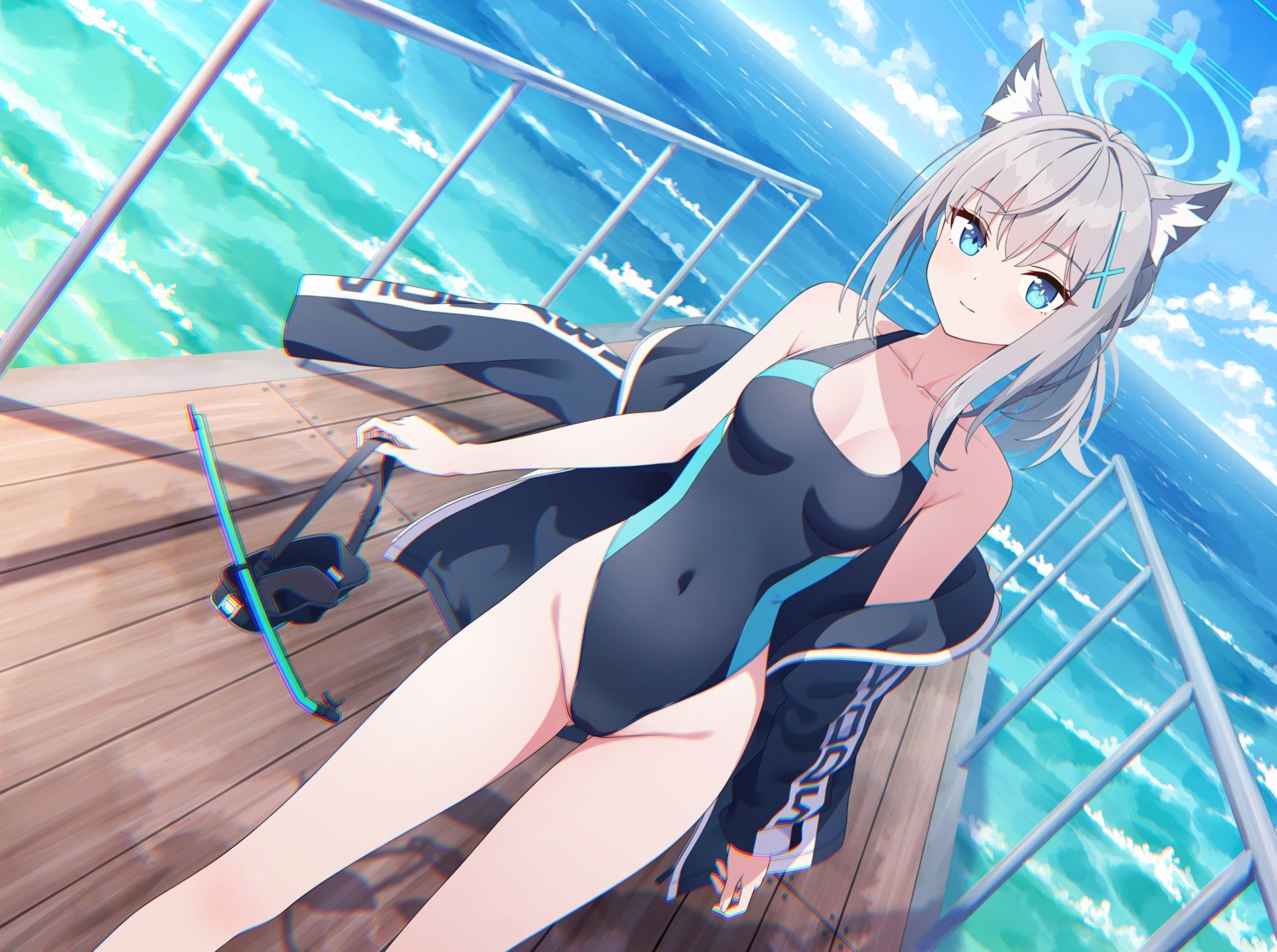 animal_ears blue_archive halo nekomimi rankebu sunaookami_shiroko swimsuits