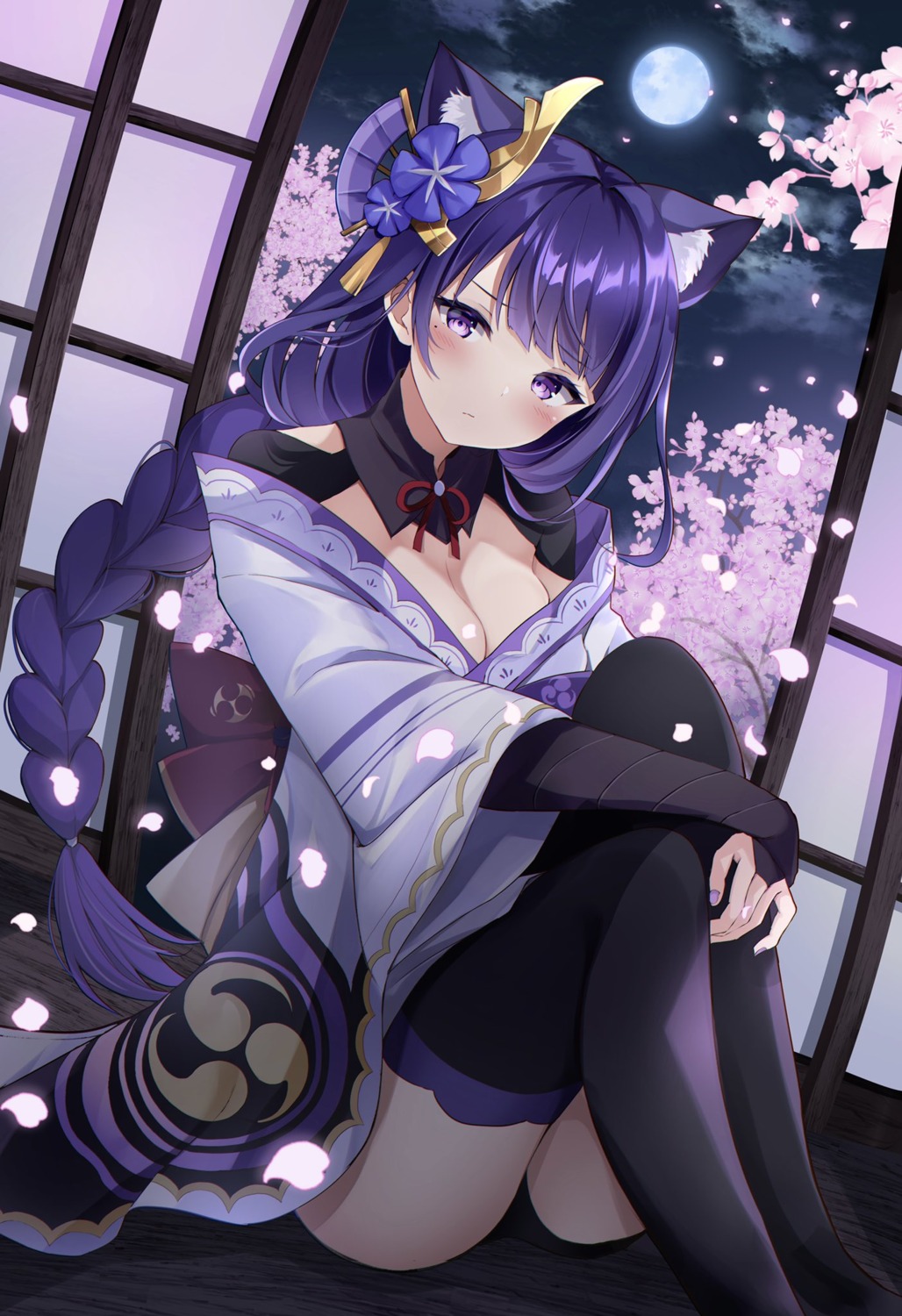 animal_ears genshin_impact hyurasan japanese_clothes nekomimi no_bra open_shirt raiden_shogun skirt_lift thighhighs