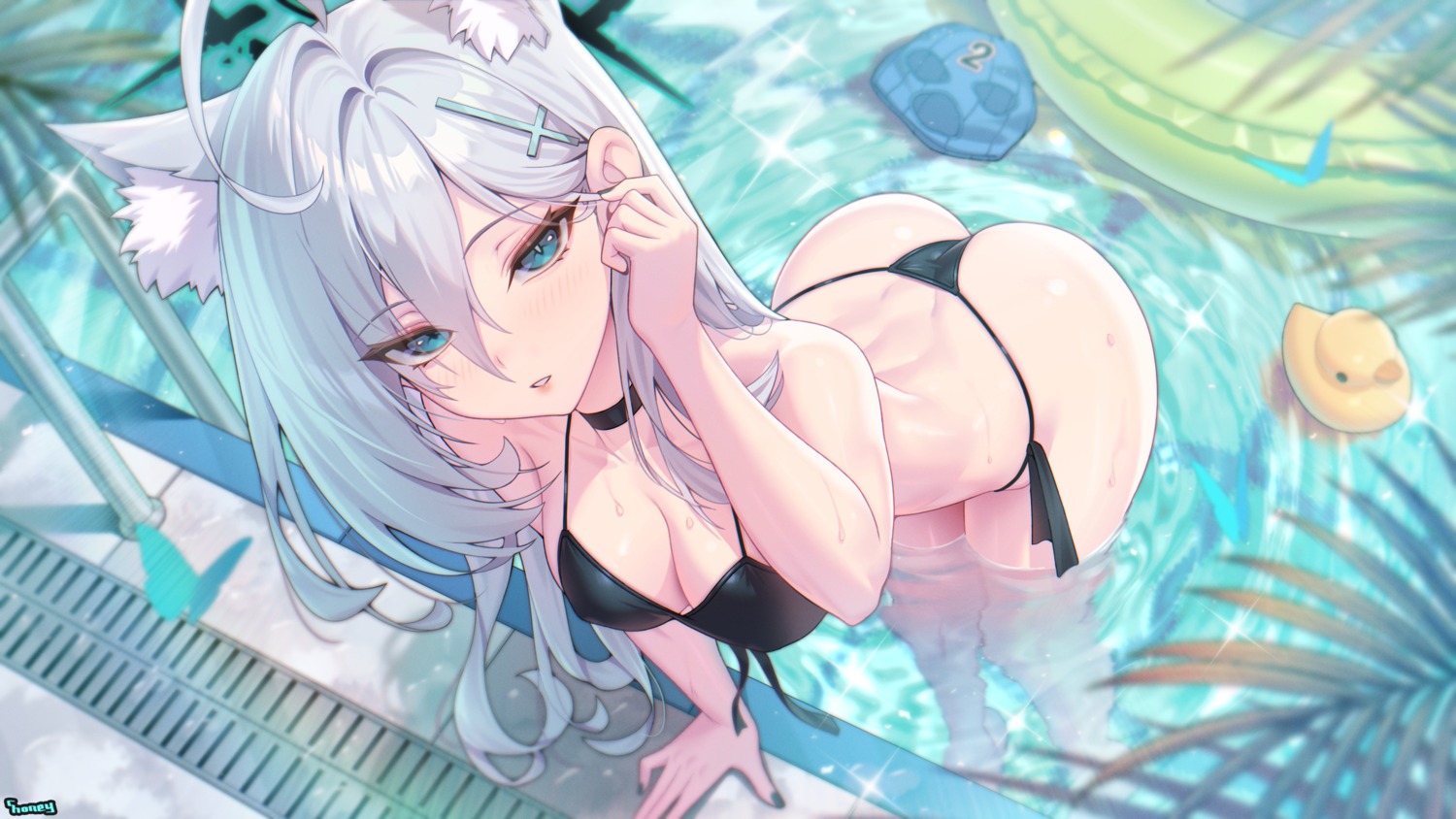 animal_ears ass bikini blue_archive choney halo nekomimi shiroko_terror sunaookami_shiroko swimsuits thong wet