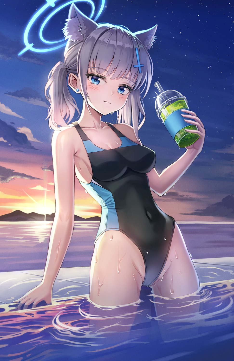 animal_ears blue_archive halo junma_art nekomimi sunaookami_shiroko swimsuits wet