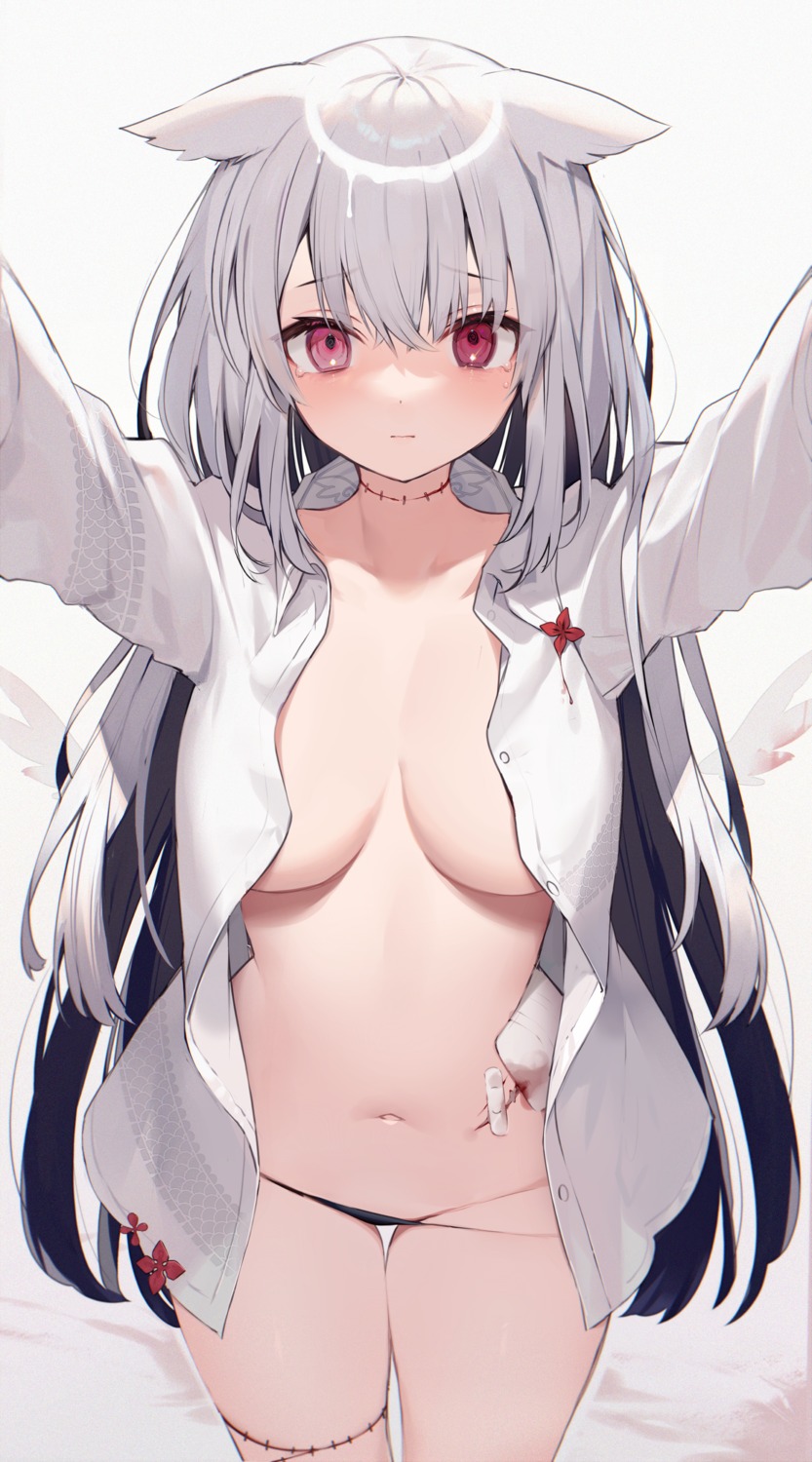 animal_ears bandaid blood dress_shirt halo muryo no_bra open_shirt pantsu panty_pull