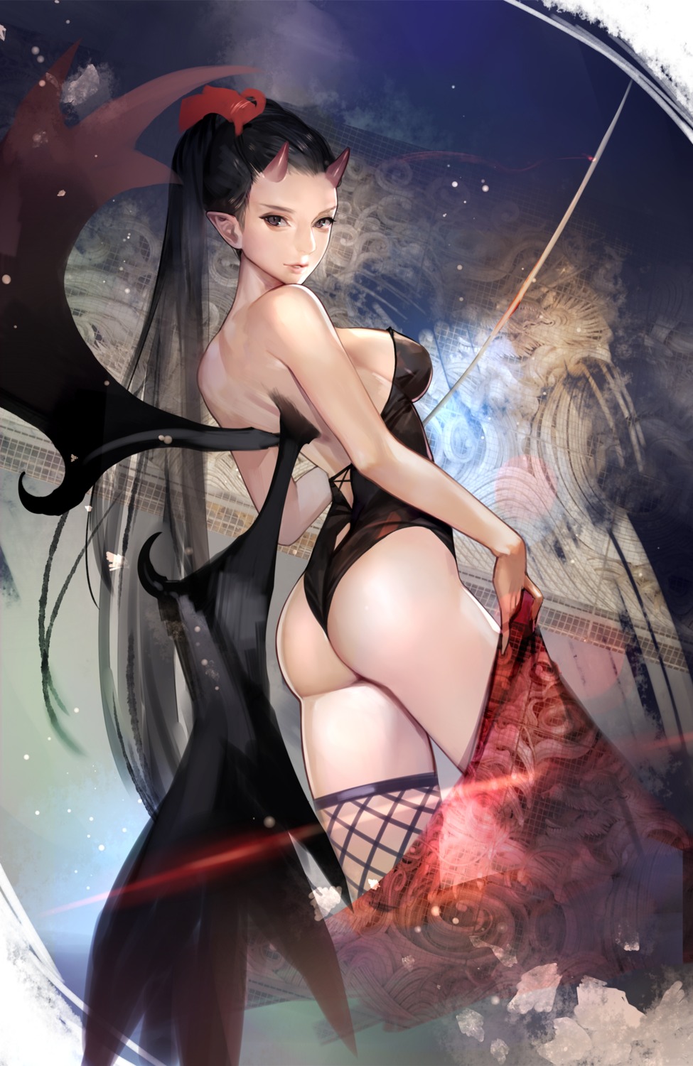 ass fishnets hitowa horns no_bra pointy_ears thighhighs wings