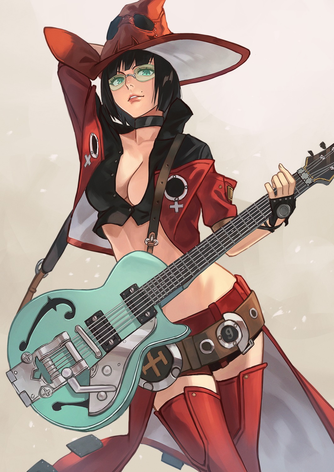 guilty_gear guitar hara_kenshi i-no megane no_bra open_shirt thighhighs witch