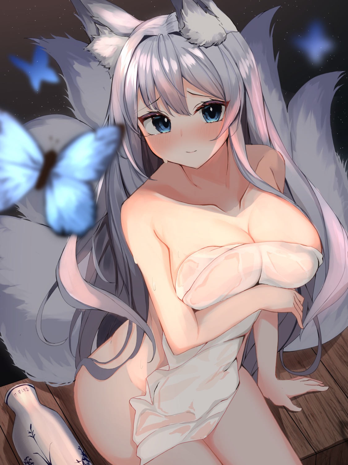 animal_ears azur_lane breast_hold kitsune naked nephthys2356 shinano_(azur_lane) tail towel