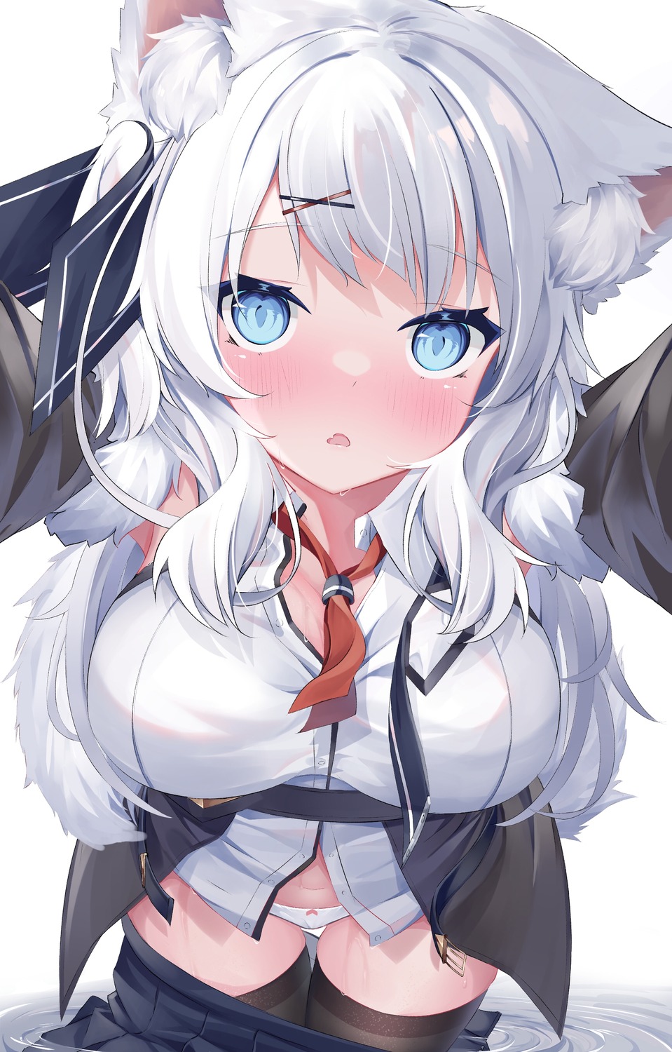 animal_ears konagi_(konachi_e) nekomimi pantsu seifuku selfie tail thighhighs wet