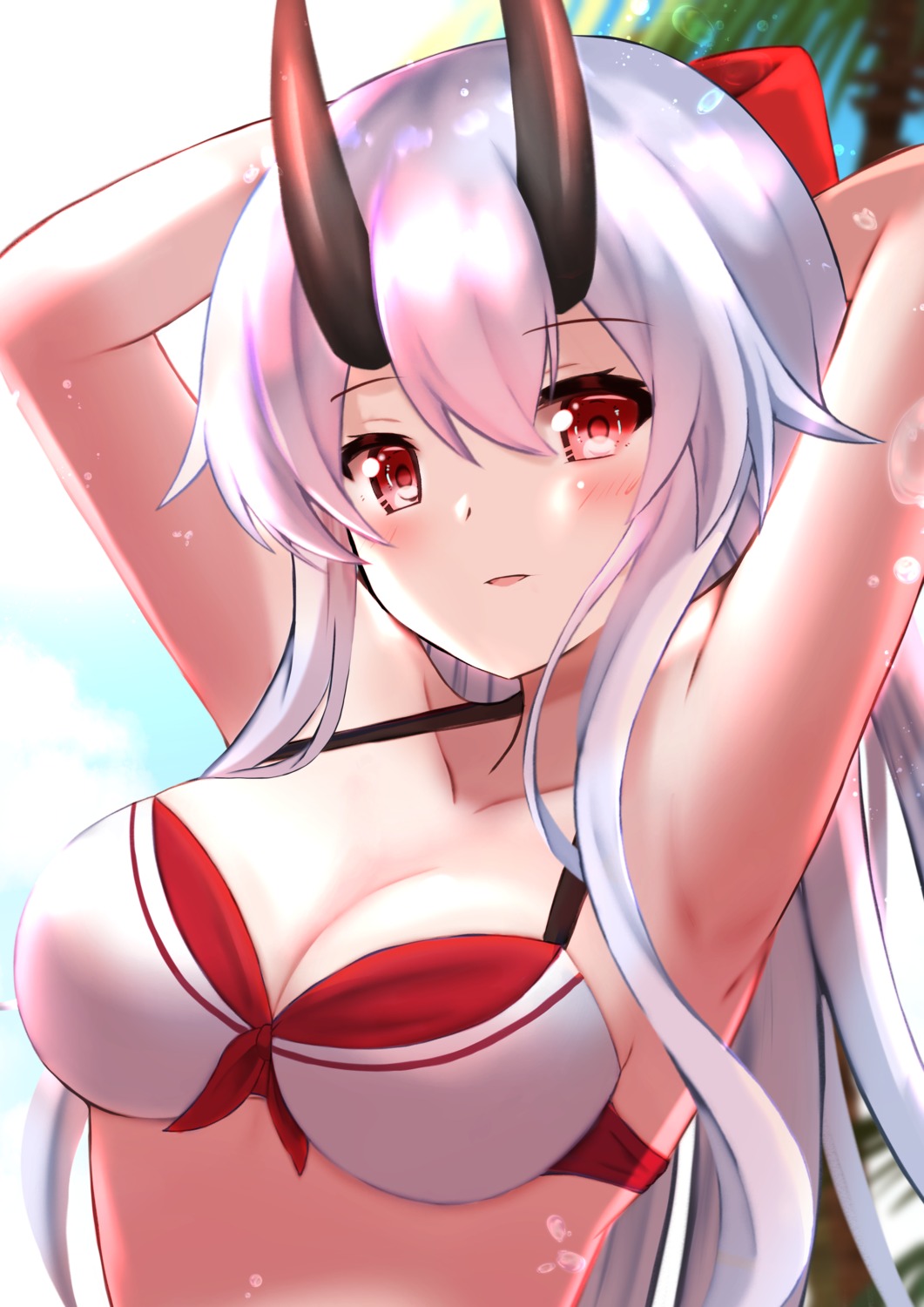 bikini_top cleavage fate/grand_order horns shibakame swimsuits tomoe_gozen_(fate/grand_order)