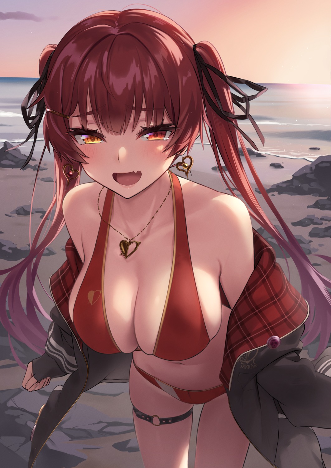 bikini garter heterochromia hololive houshou_marine kojy open_shirt swimsuits