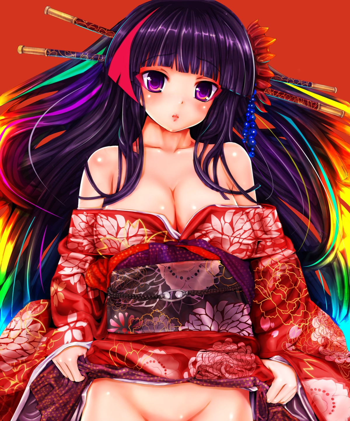 cleavage kimono nopan skirt_lift teruru