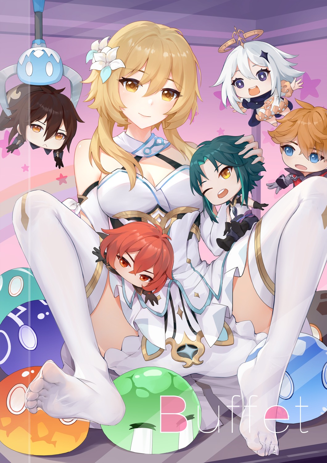 chibi cleavage diluc feet genshin_impact gu_tao lumine paimon skirt_lift tartaglia thighhighs xiao zhongli