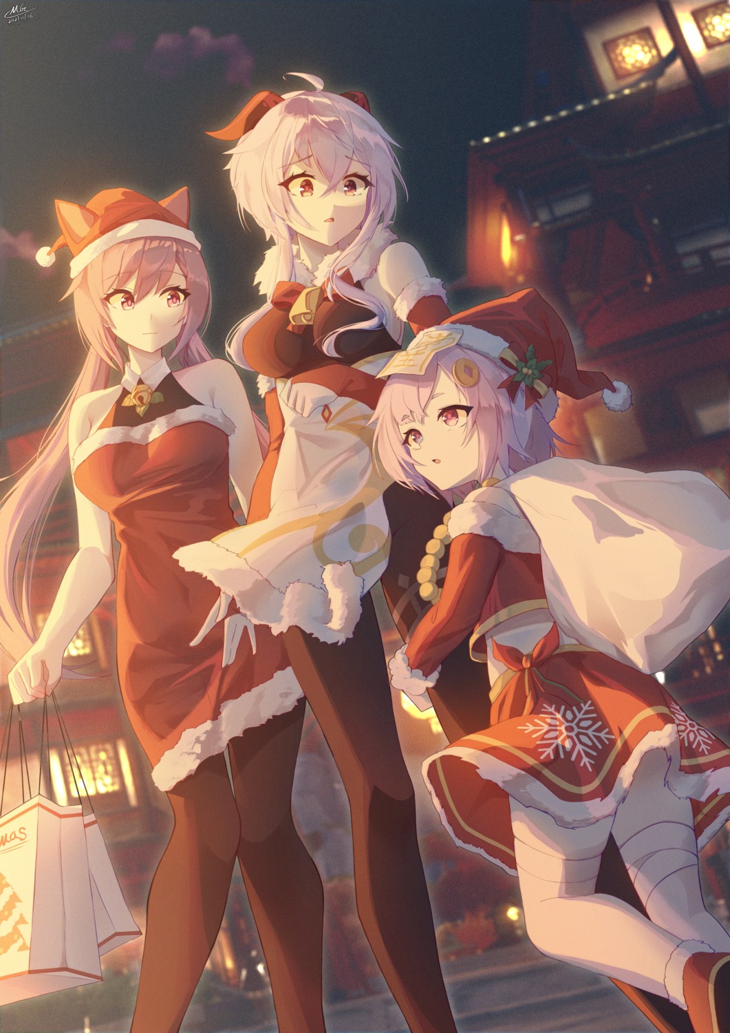 asian_clothes bandages christmas dress ganyu genshin_impact horns keqing magica pantyhose qiqi skirt_lift thighhighs