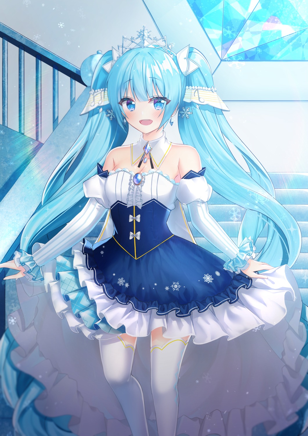 cleavage dress hatsune_miku mamel_27 skirt_lift thighhighs vocaloid yuki_miku