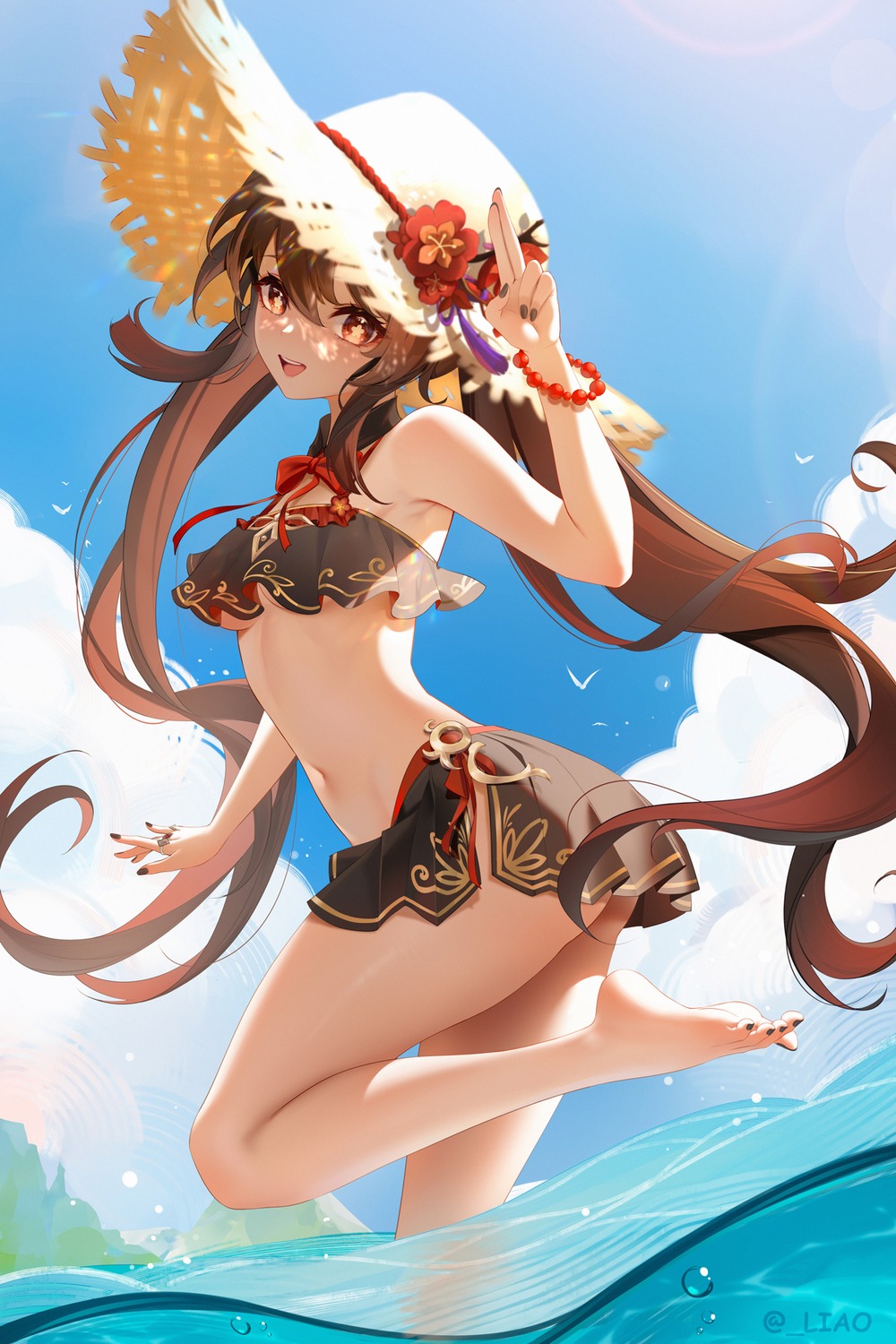 bikini genshin_impact hu_tao liu_liaoliao skirt_lift swimsuits underboob wet