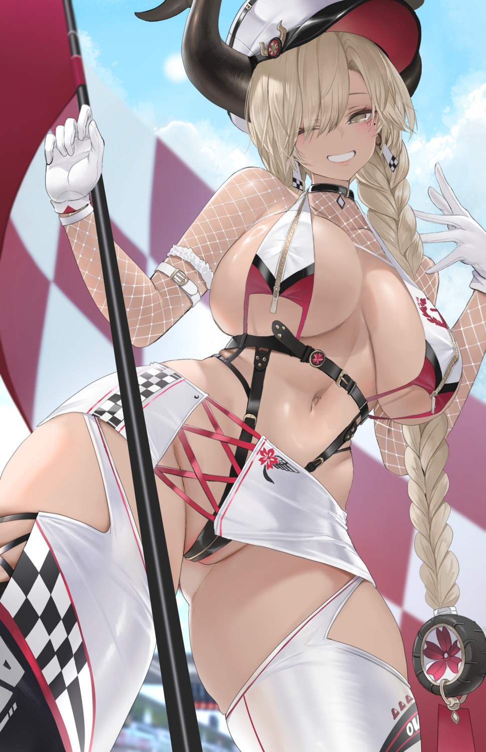 azur_lane dishwasher1910 fishnets horns no_bra owari_(azur_lane) pantsu stockings thighhighs thong