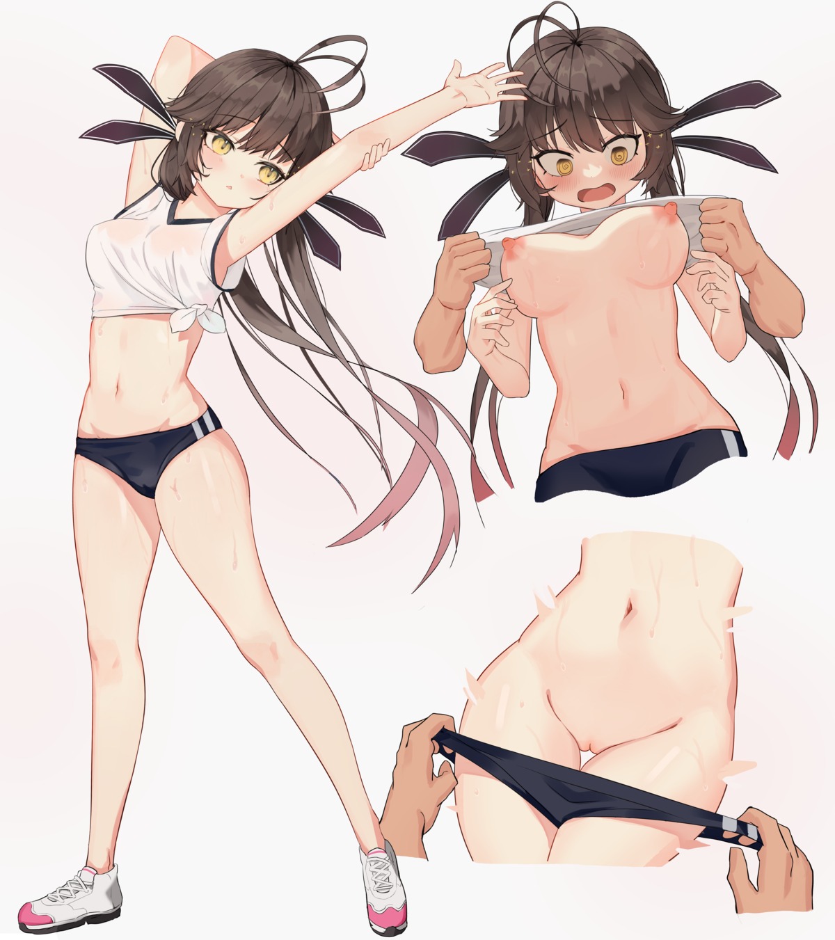 breasts buruma girls_frontline gym_uniform lemures m14_(girls_frontline) nipples no_bra nopan pussy see_through shirt_lift uncensored undressing wet wet_clothes