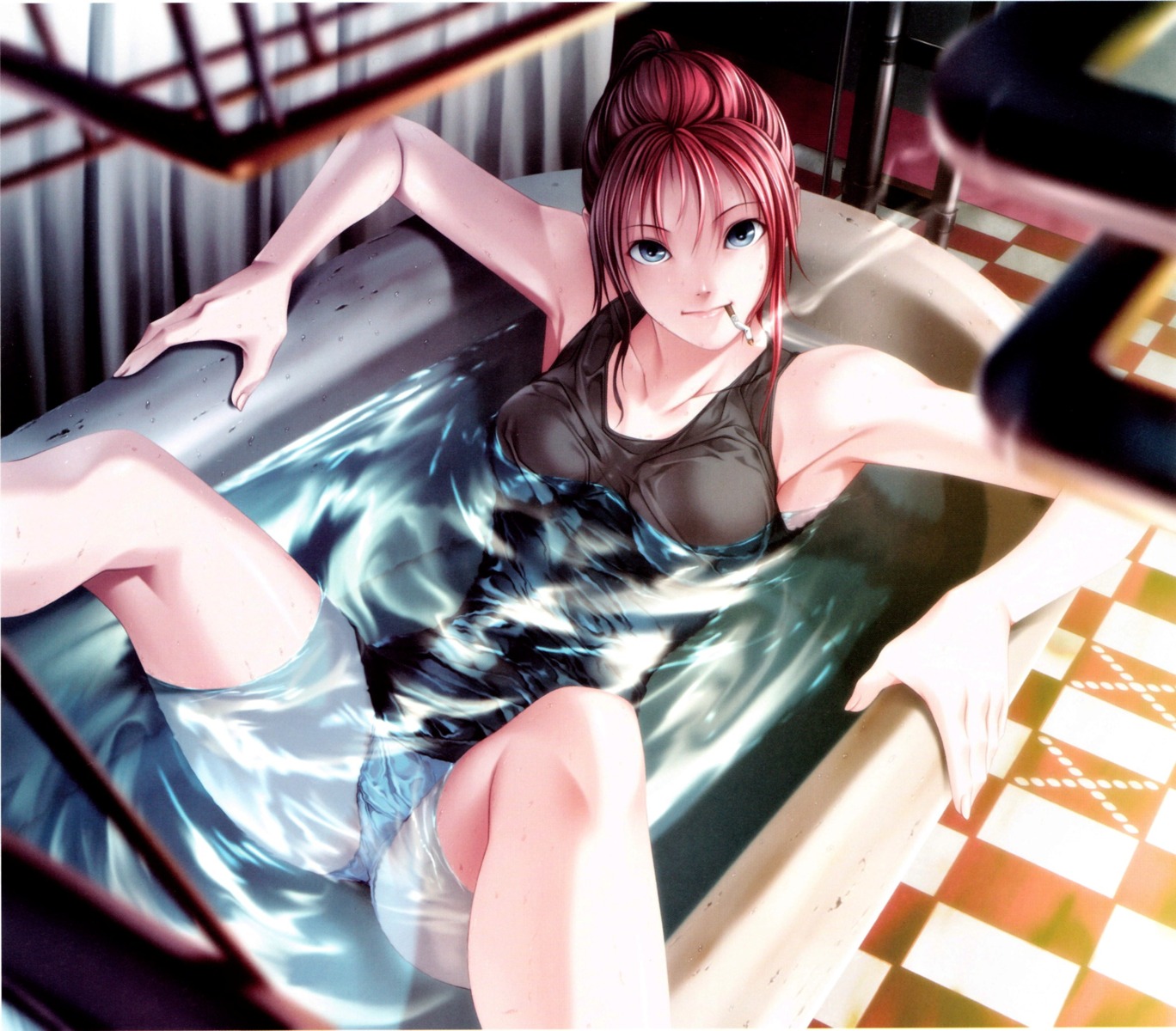 bathing pantsu rezi smoking wet wet_clothes