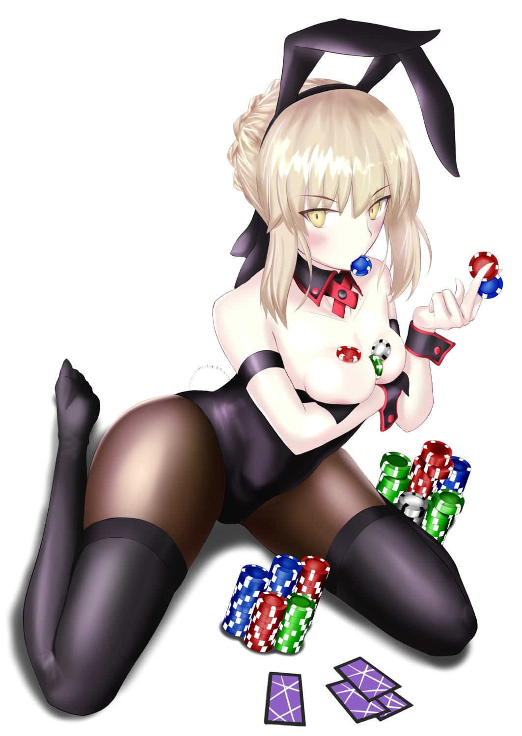 animal_ears areola breast_hold bunny_ears bunny_girl fate/grand_order no_bra open_shirt pantyhose saber saber_alter tail thighhighs tydark511_may