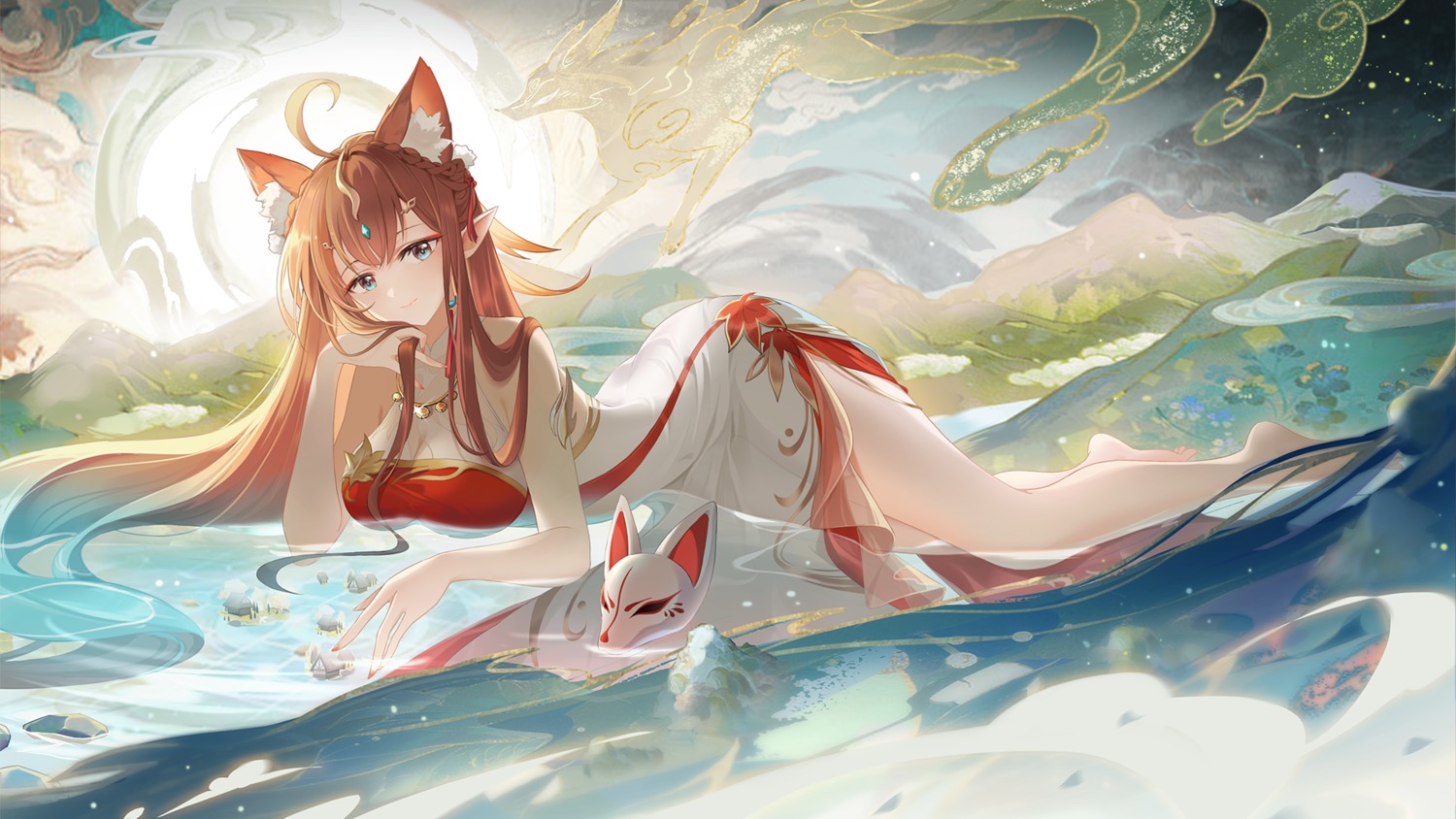 animal_ears chinadress kitsune pointy_ears see_through wallpaper wet zuo600