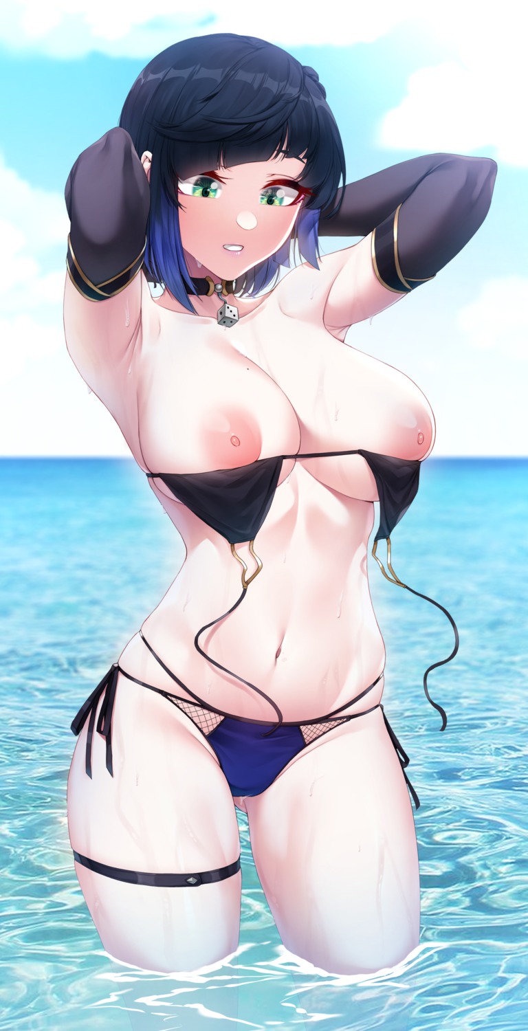 akchu bikini garter genshin_impact nipples swimsuits wardrobe_malfunction wet yelan