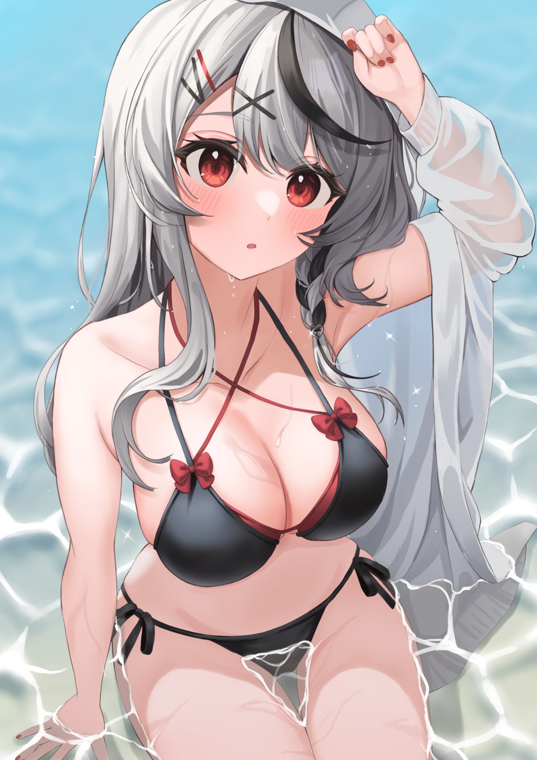 bikini hololive nikahoshikuzu sakamata_chloe see_through sweater swimsuits wet wet_clothes