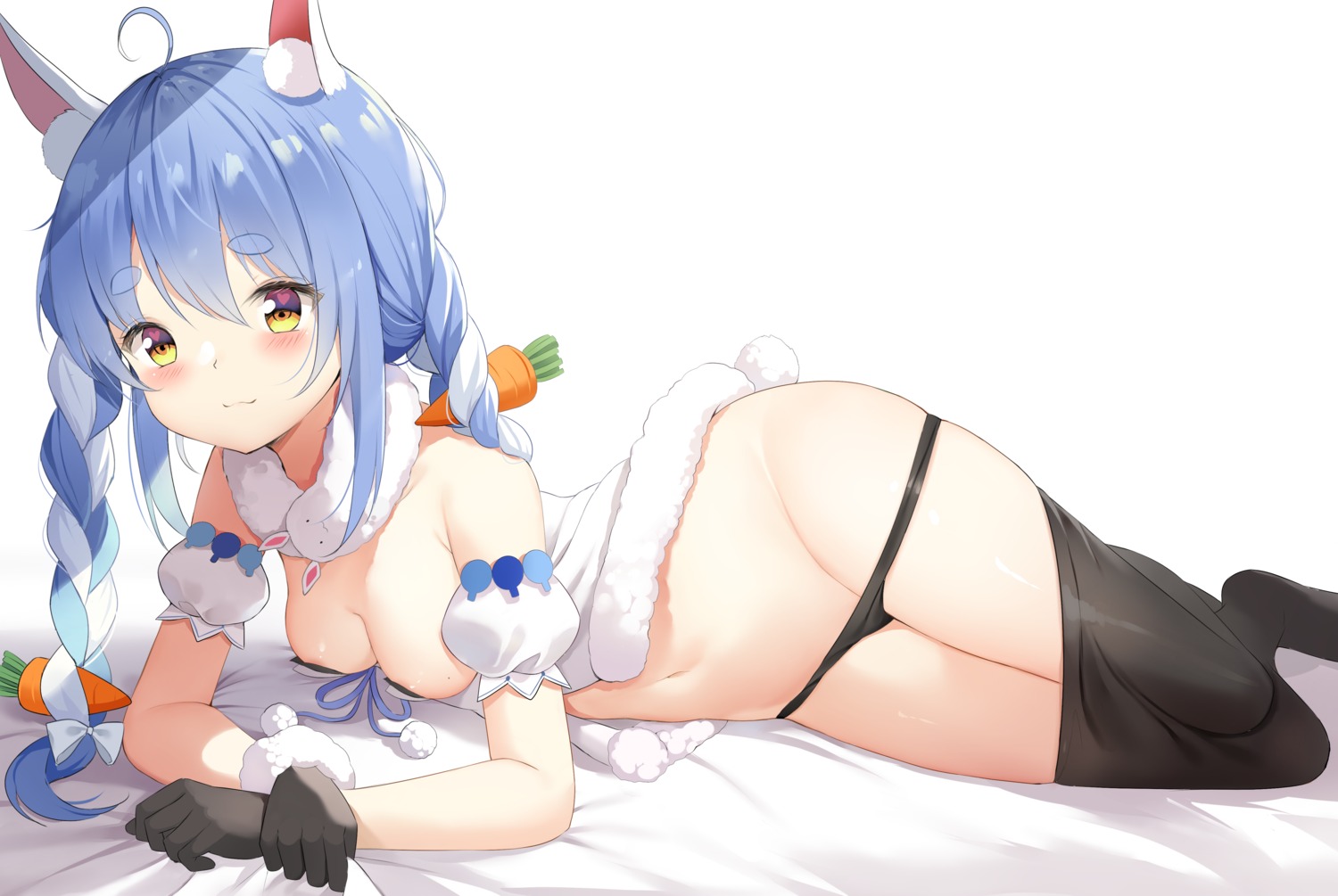 animal_ears bunny_ears chintora0201 hololive no_bra pantsu panty_pull pantyhose tail usada_pekora