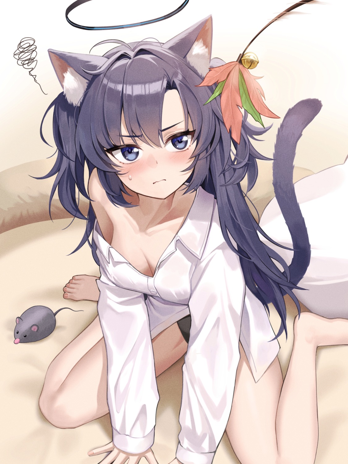 animal_ears blue_archive dress_shirt halo hayase_yuuka nekomimi no_bra pantsu taccho tail