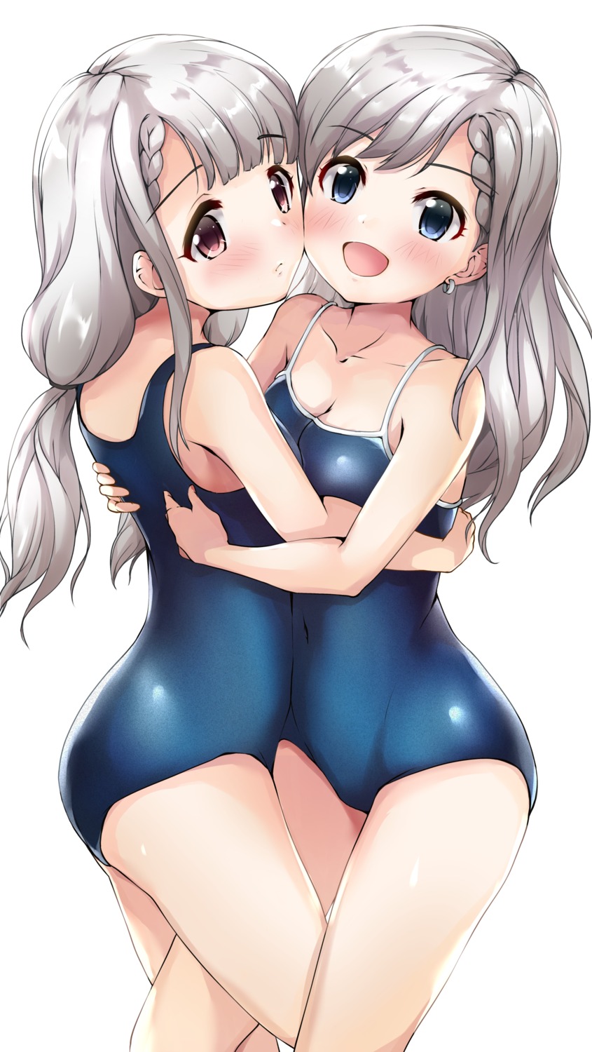 cleavage hisakawa_hayate hisakawa_nagi kuroba_aki loli school_swimsuit swimsuits symmetrical_docking the_idolm@ster the_idolm@ster_cinderella_girls yuri