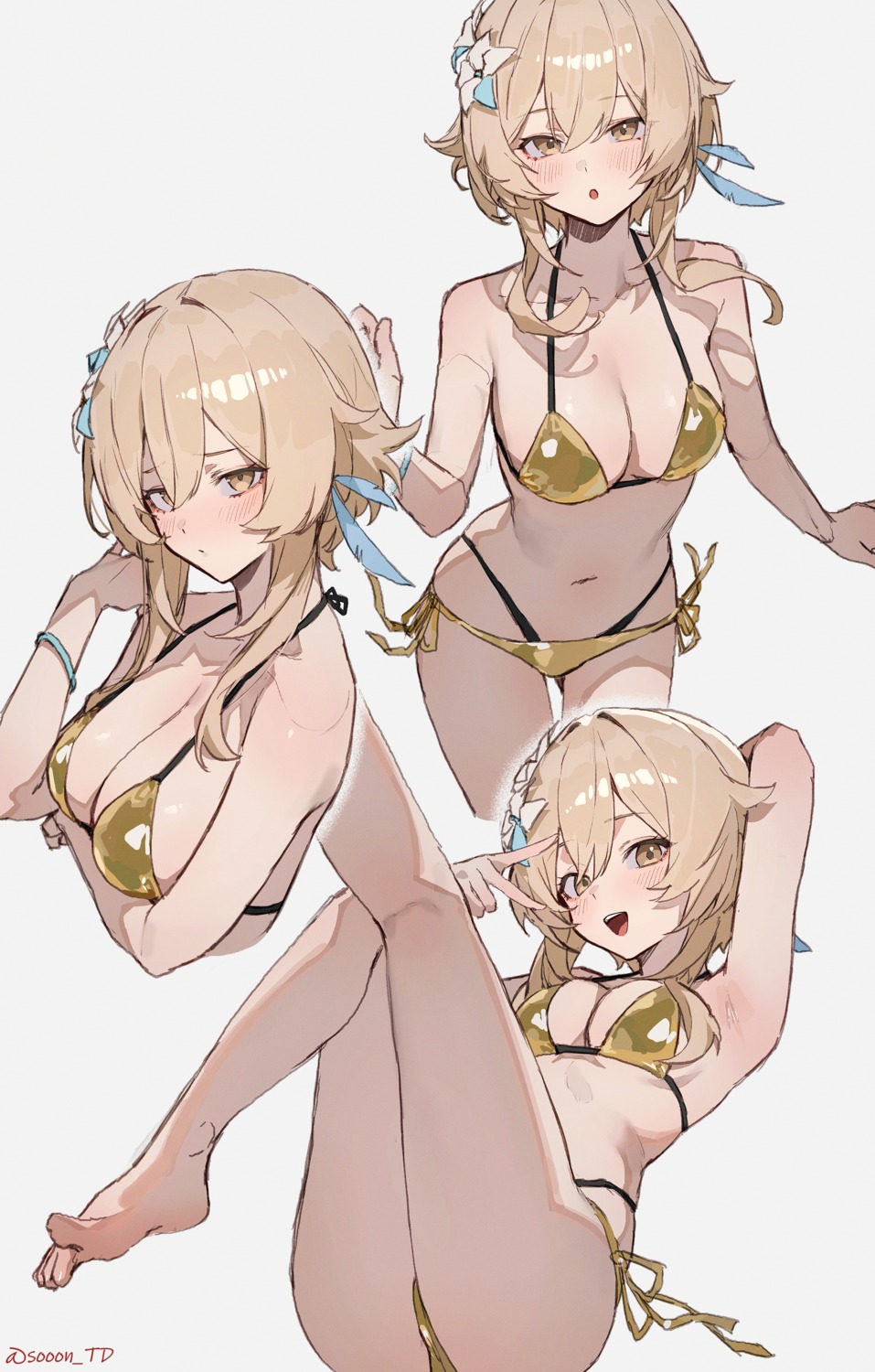 bikini bikini_top genshin_impact lumine sketch sooon swimsuits thong