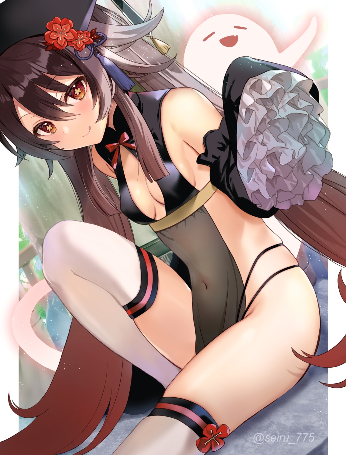 genshin_impact hijiri_ruka hu_tao no_bra nopan see_through thighhighs