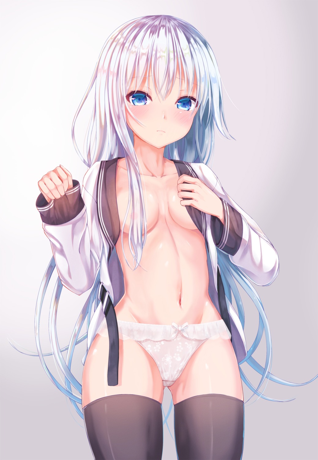 areola breasts hibiki_(kancolle) kantai_collection kyuupura no_bra open_shirt pantsu seifuku thighhighs verniy_(kancolle)