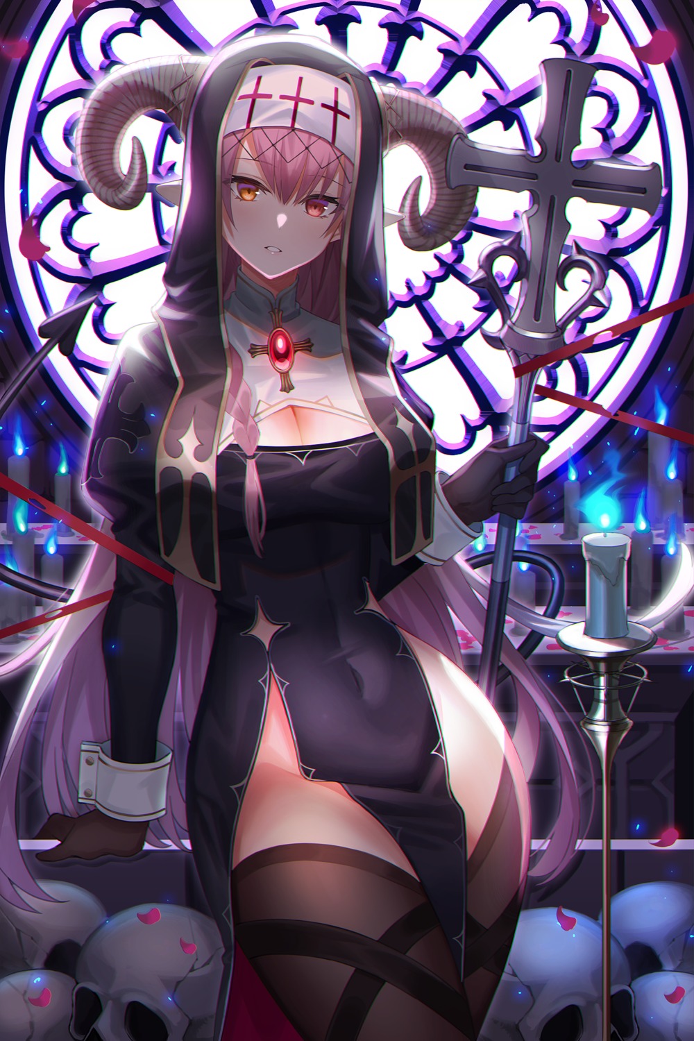 amahara_subaru cleavage heterochromia horns nopan nun thighhighs