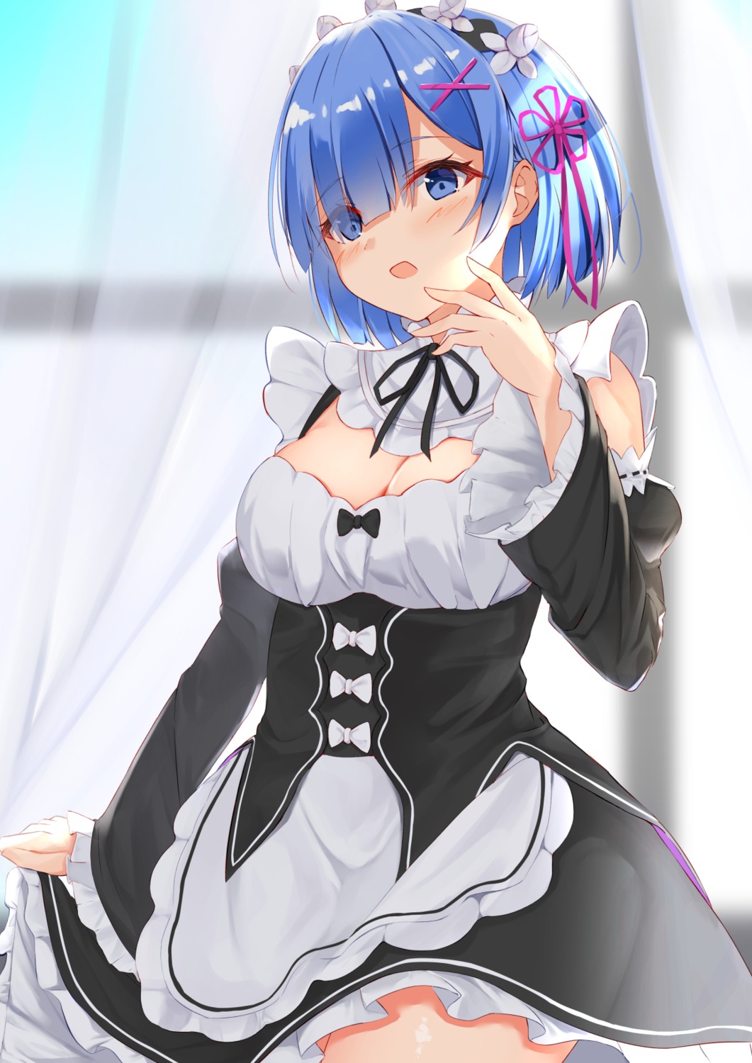 cleavage maid nolt re_zero_kara_hajimeru_isekai_seikatsu rem_(re_zero) skirt_lift