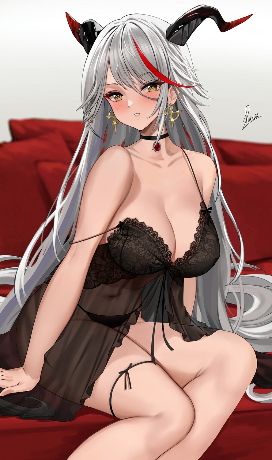 aegir_(azur_lane) azur_lane bra erect_nipples garter horns lingerie pantsu piukute062 see_through