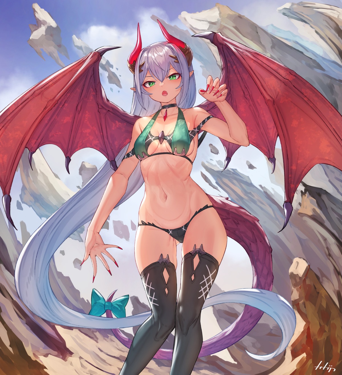 arpeggio_kaga bikini horns pointy_ears swimsuits tail thighhighs wings