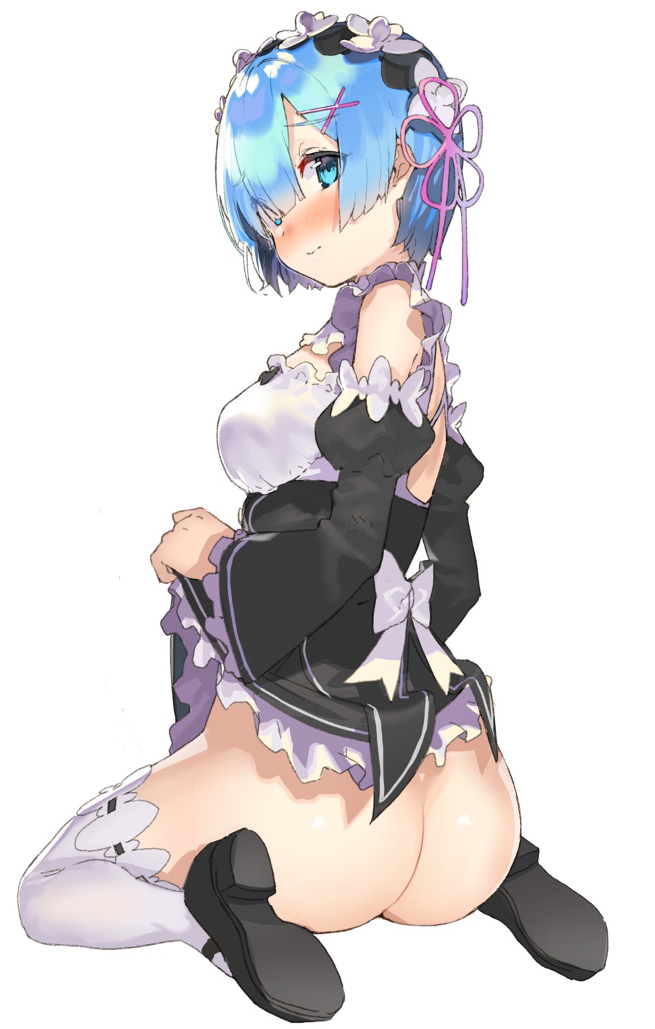 ass kanzarin maid nopan re_zero_kara_hajimeru_isekai_seikatsu rem_(re_zero) skirt_lift thighhighs