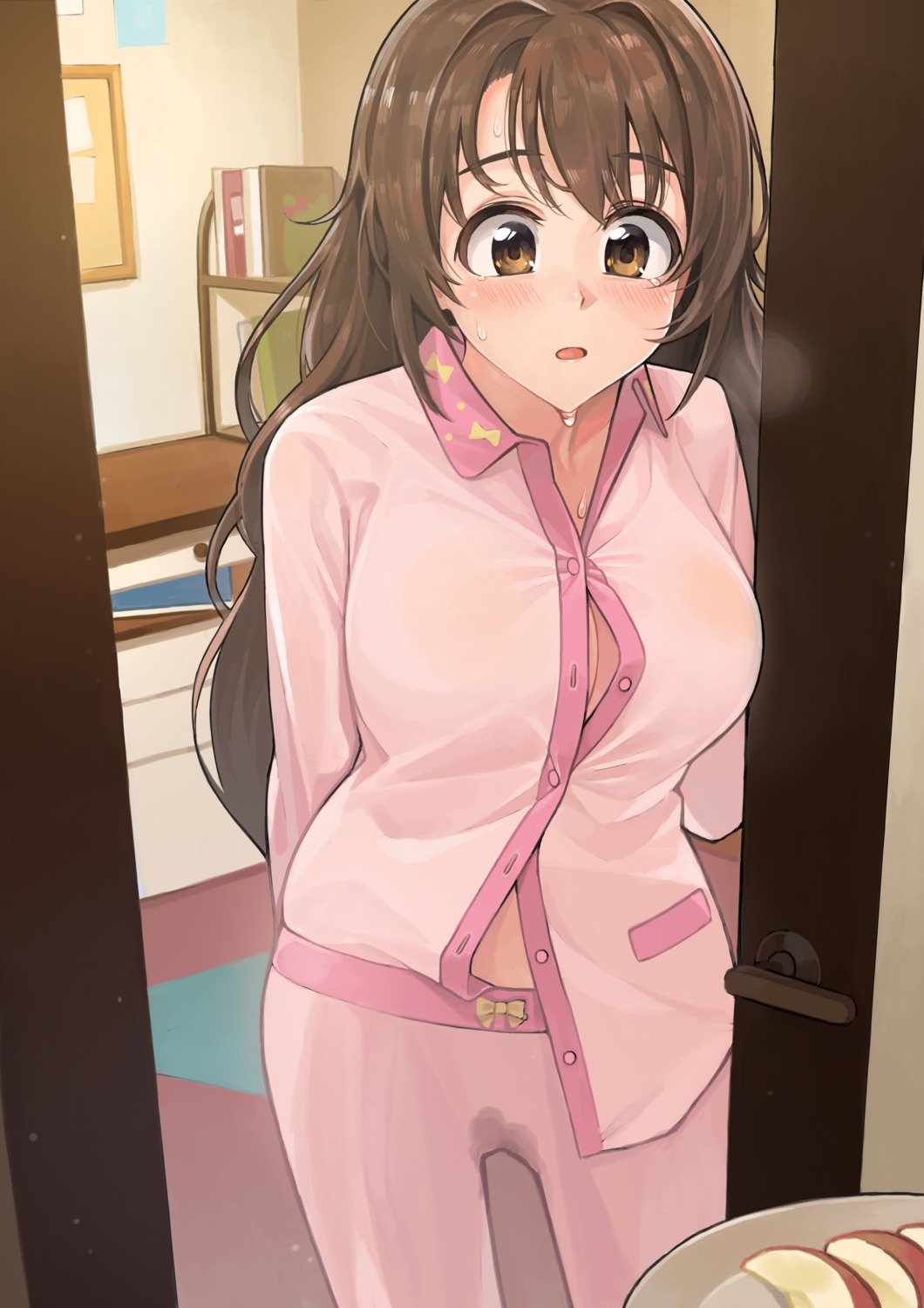 ameyame cleavage no_bra open_shirt pajama pussy_juice shimamura_uzuki the_idolm@ster the_idolm@ster_cinderella_girls